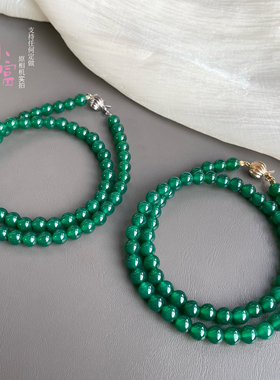 帝王绿玻璃种翡翠色冰感玛瑙项链绿色圆珠锁骨链妈妈链新中式国风
