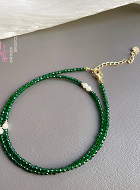 高级感爆闪亮黑尖晶水晶锁骨链绿色尖晶石头刻面2mm细珍珠项链女