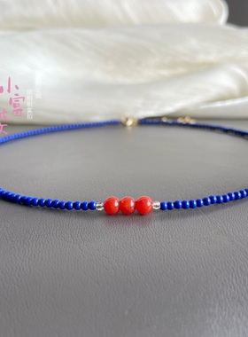 超显白AAA级帝王蓝色项链正圆柿子红珠女款锁骨链高级感魔鬼蓝