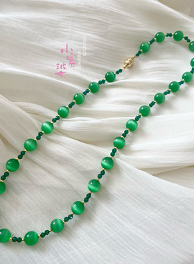 新中式宝石绿猫眼圆珠项链气质圆珠毛衣链国风祖母绿色绿尖晶手链