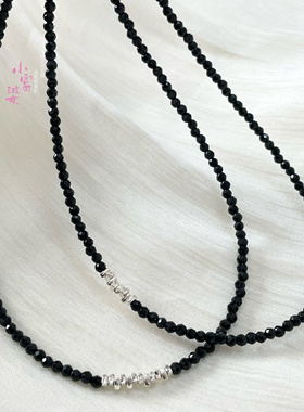 新中式黑尖晶3mm黑水晶刻面长款项链女款轻奢小众高级感颈链毛衣