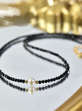 极简设计925纯银ins同款原创定制黑色天然黑尖晶复古choker锁骨链