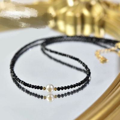 极简设计925纯银ins同款原创定制黑色天然黑尖晶复古choker锁骨链