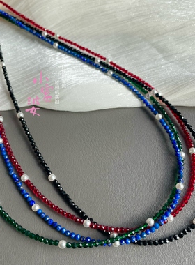 超美时髦黑色红色青金晶石隔珍珠项链女超闪叠戴串珠锁骨链26新款