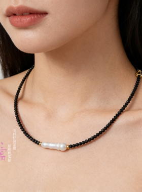 天然淡水珍珠项链银条强光小圆柱螺丝珠细款复古包金颈链女夏锁骨