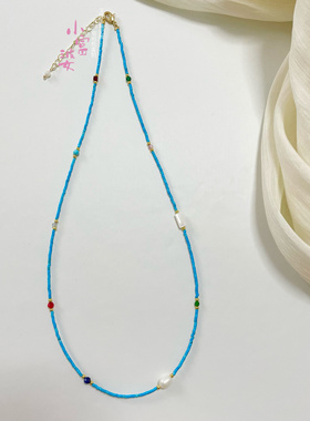 原创新中式蓝绿松石极细小管珠国风项链菱镁矿小众半遮月锁骨链