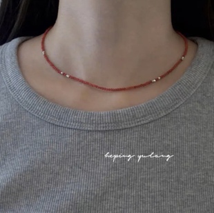 沙滩风莫兰迪南红色玛瑙项链 纯银圆珠子锁骨链女百搭夏季连衣裙