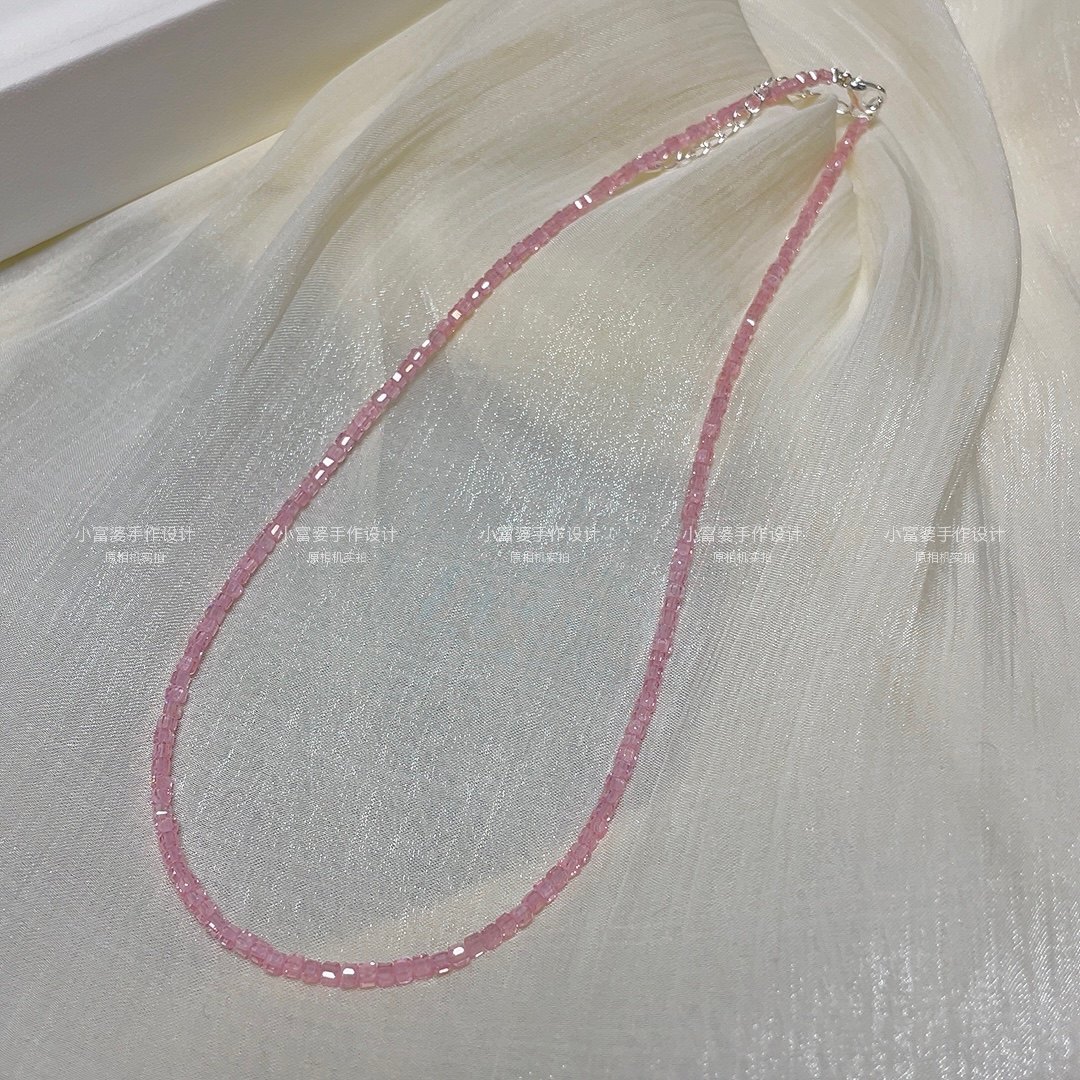 粉嫩方糖 爱了这粉zizi串珠项链 手工显白叠戴ins水晶清新锁骨链