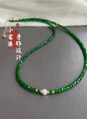 天然淡水珍珠项链 超显白祖母绿色方糖女款锁骨链老烧色显白高级