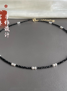 超细简约简约气质黑色水晶贝珠项链小众高级设计短款锁骨颈链新款