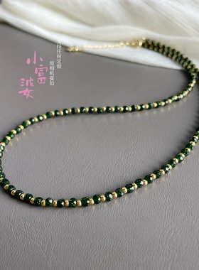 高级绿 沙弗莱宝石绿色项链直切算盘珠平替锁骨链绿沙石材质女款