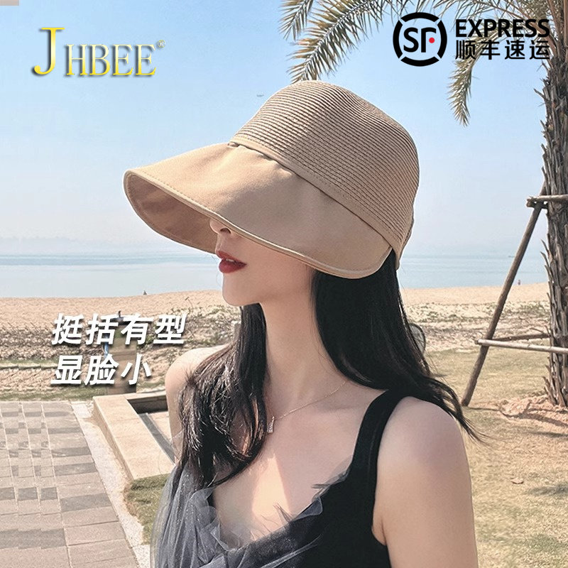 假日草帽女夏季新款日式uv时尚布草拼接防晒帽子显脸小遮阳鸭舌帽