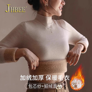 针织毛衣加绒加厚长袖 2024新款 内搭半高领保暖上衣 女秋冬季 打底衫