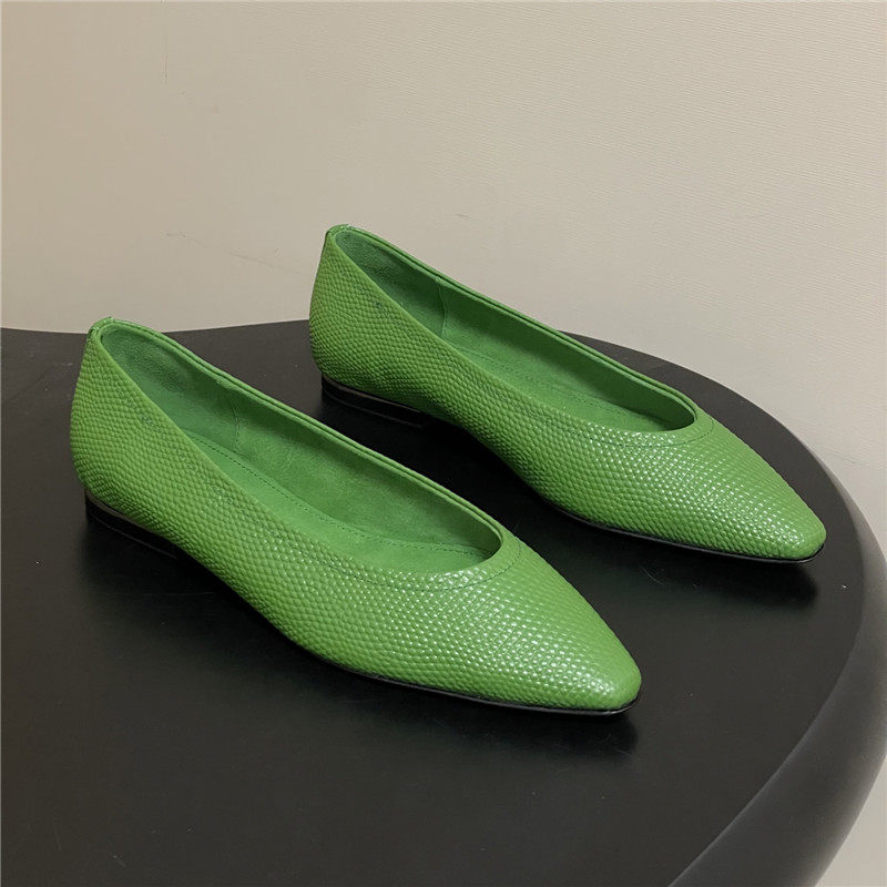 绿色尖头编织芭蕾鞋蛇皮纹