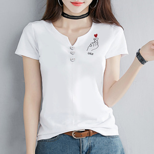 t恤女夏季 v领半袖 白色纯棉短袖 正肩短款 设计感上衣潮 体桖修身 薄款