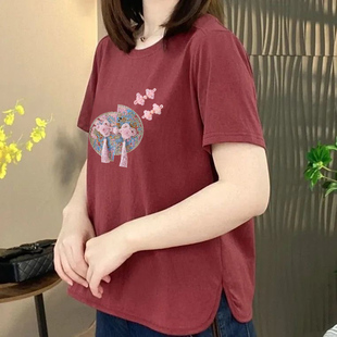 T恤女夏圆领宽松显瘦减龄妈妈装 上衣 通勤风印花短袖 轻奢高端货
