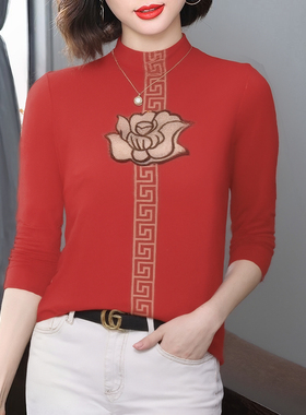 优雅风妈妈装中老年女装长袖立领刺绣加绒加厚红色洋气保暖上衣