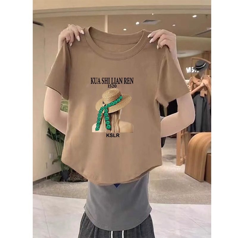 正肩短袖t恤女夏季新款时尚印花百搭弧形下摆打底衫减龄短款上衣