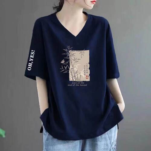 清仓捡漏外贸妈妈装夏季新款印花不规则短袖上衣时尚V领T恤衫女装