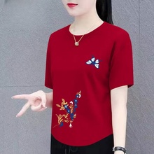 酒红色夏季短袖宽松大码韩版妈妈装新款印花宽松显瘦女装体恤上衣