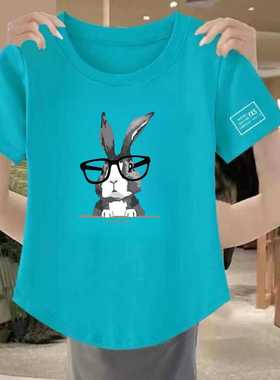 克莱因蓝色宽松仿棉兔子短袖T恤女2025春夏新款欧货大版上衣ins潮