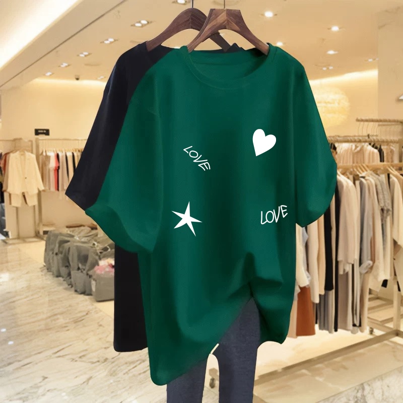 2025新款外贸妈妈装短袖t恤女宽松大码显瘦遮肚印花半袖体恤上衣