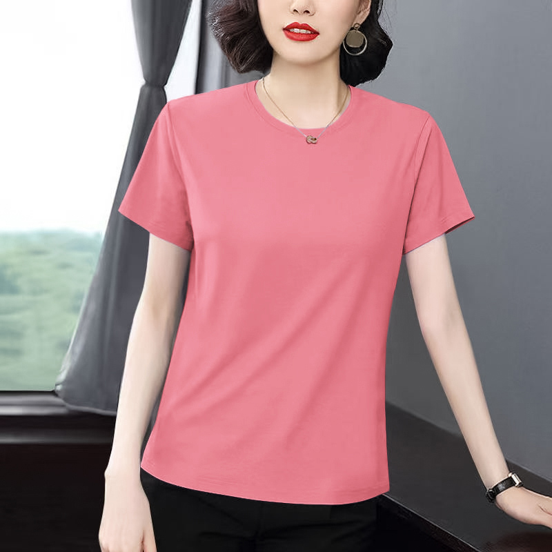 2025新款正肩中年圆领短袖t恤女时尚百搭大码洋气漂亮上衣夏季潮