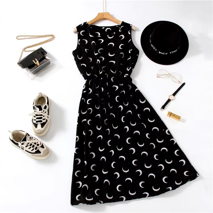 外贸妈妈装中老年夏季新款无袖连衣裙女装波点印花收腰显瘦连衣裙