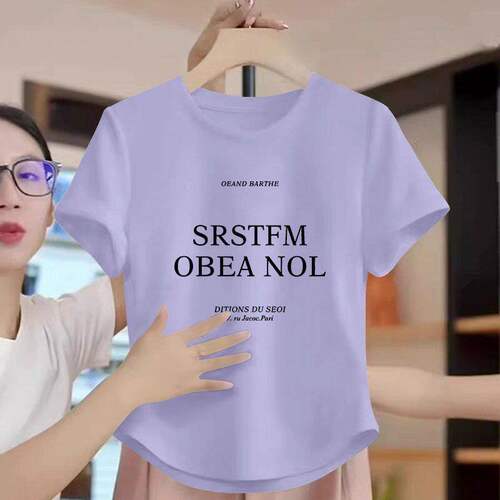 妈妈装短袖弧形圆领T恤女夏季新款韩版洋气减龄百搭设计感上衣
