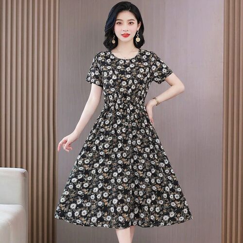 2026新品淑女风短袖碎花连衣裙女中老年妈妈装收腰显瘦气质优雅裙