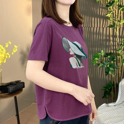 通勤印花圆领宽松短袖T恤中年女