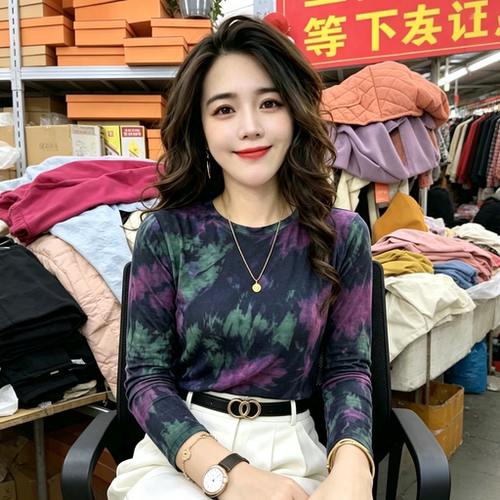 清仓捡漏时尚晕染印花双层网纱长袖T恤女中年妈妈装显瘦气质上衣