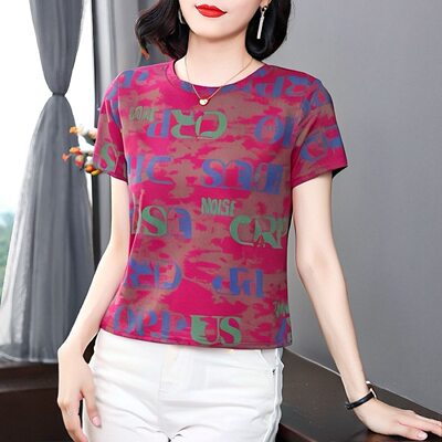 妈妈装短袖T恤女夏季新款字母印花圆领上衣别致小众休闲打底衫