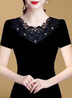 黑色高领打底衫女春季新款t恤蕾丝网纱半袖上衣薄款中袖时尚短袖