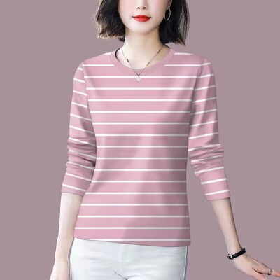 清仓捡漏外贸妈妈装中老年条纹打底衫时尚减龄长袖遮肚T恤女上衣