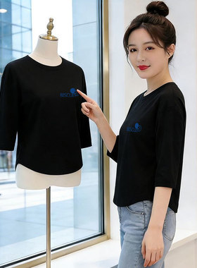 捡漏外贸 黑色七分袖t恤女宽松显瘦洋气百搭休闲上衣中年妈妈装