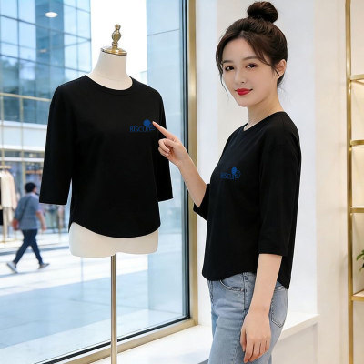 捡漏外贸 黑色七分袖t恤女宽松显瘦洋气百搭休闲上衣中年妈妈装
