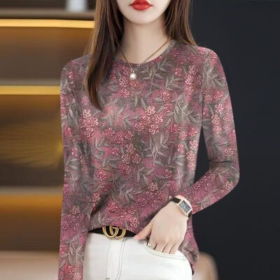 爆款早秋设计感印花长袖圆领T恤女中老年减龄洋气显瘦遮肉上衣