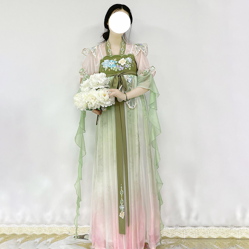 佐馨原创改良汉服女【空青】唐制齐胸襦裙汉元素刺绣渐变日常夏