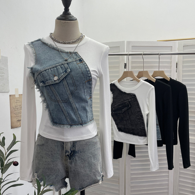 实拍 做旧毛边牛仔拼接圆领长袖T恤女修身短款打底衫上衣 8899-8