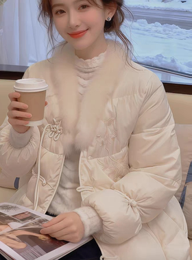 新中式国风刺绣羽绒棉服外套女2025冬季新款女装休闲宽松加厚棉衣