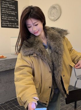 实拍实价 美式座山雕棉服新款冬季保暖夹棉毛领棉衣工装加厚外套