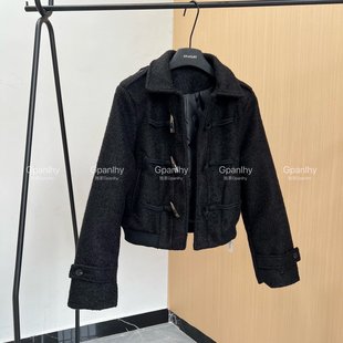 FCY studio黑色牛角扣毛呢外套女2025冬精致感miu系羽绒服外套