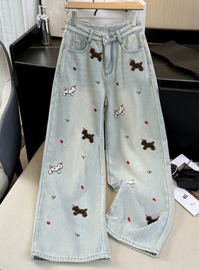 实拍韩版可爱卡通刺绣花加绒牛仔裤女高腰直筒宽松显瘦阔腿长裤子