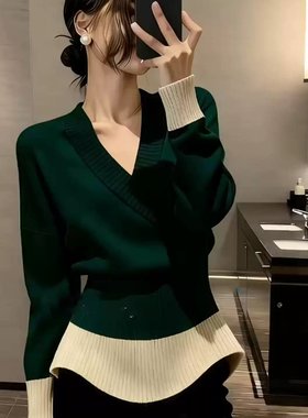 高级感超好看气质撞色软糯毛衣女装2025秋冬新款掐腰漂亮针织上衣