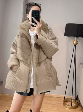 杏色加厚毛领羽绒服女冬季中长款拼接面包服外套2025新款欧洲站潮