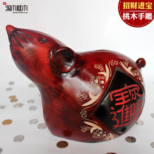 新品木雕摆件手工实木中r式装修客厅桃木十二生肖存钱罐木头雕刻