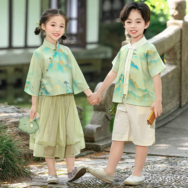 新选儿童a国学汉服演出服男女童诗歌朗诵合唱夏季中国风唐装表演
