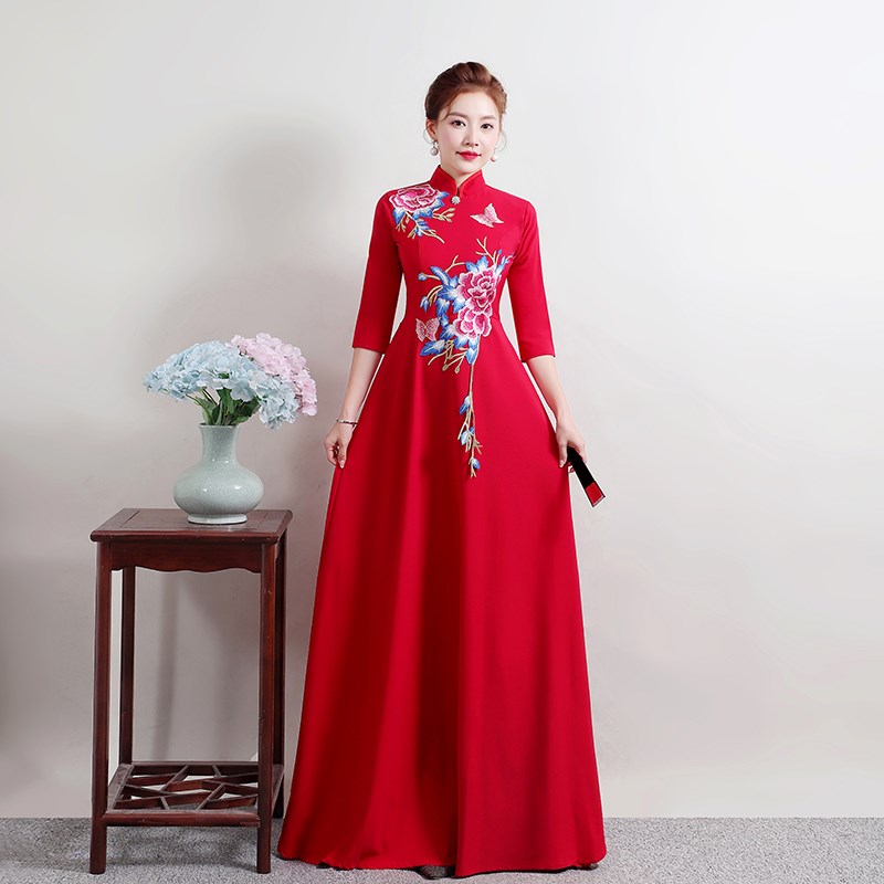 新选新款中国风立领大合唱团演出服女成人长裙舞台W装朗诵比赛红