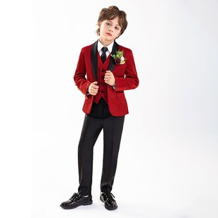 优选儿童红色亮片西装套装男童晚会舞台I走秀主持人礼服花童钢琴